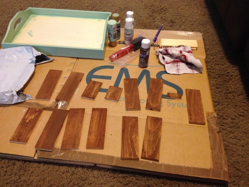 After one coat, waiting to dry so the second coat can be applied.